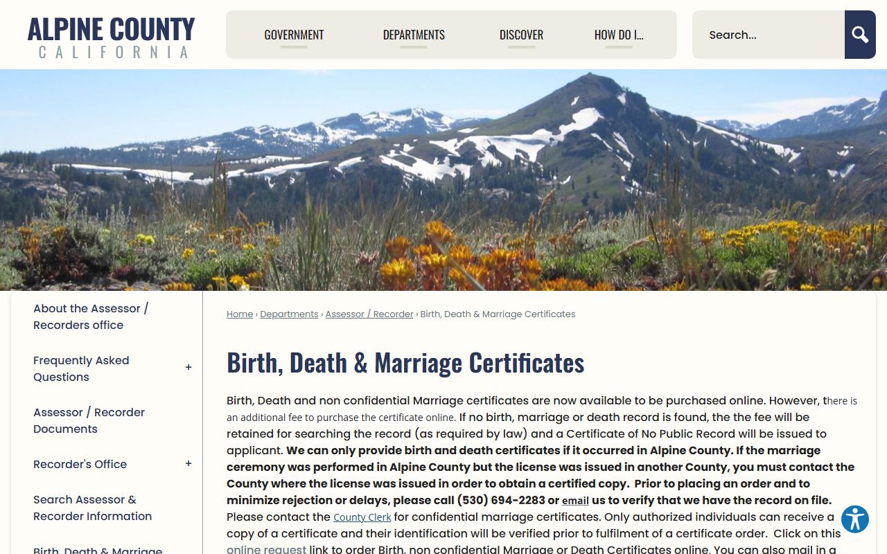 Alpine County vital records information page
