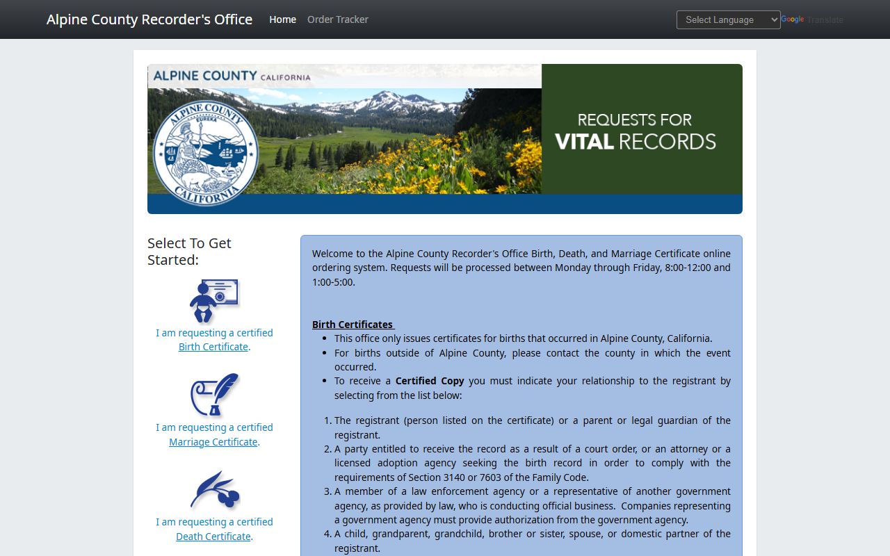 Alpine County Permitium online ordering portal