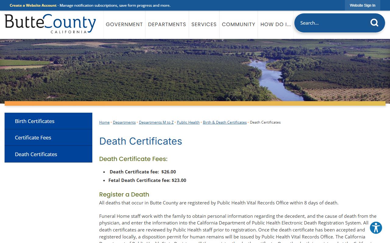Butte County Clerk-Recorder death certificates page