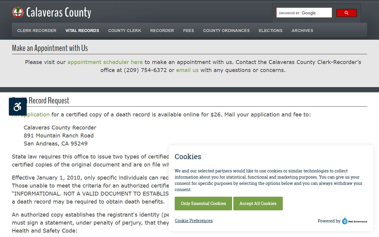 Calaveras County death records page