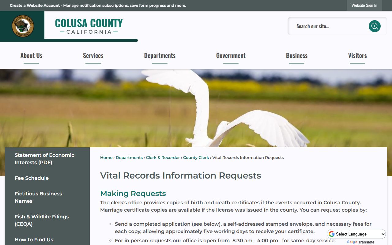 Colusa County vital records information page