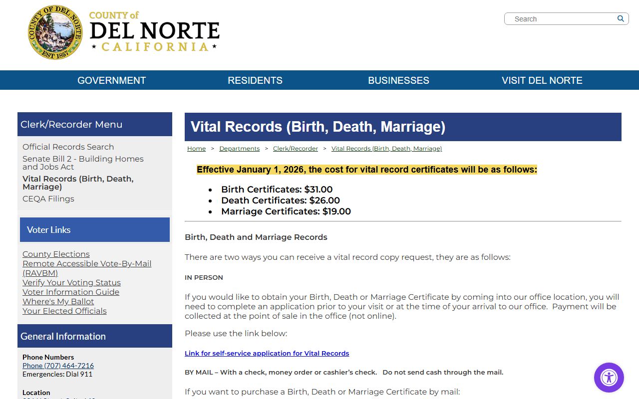 Del Norte County Clerk-Recorder vital records page