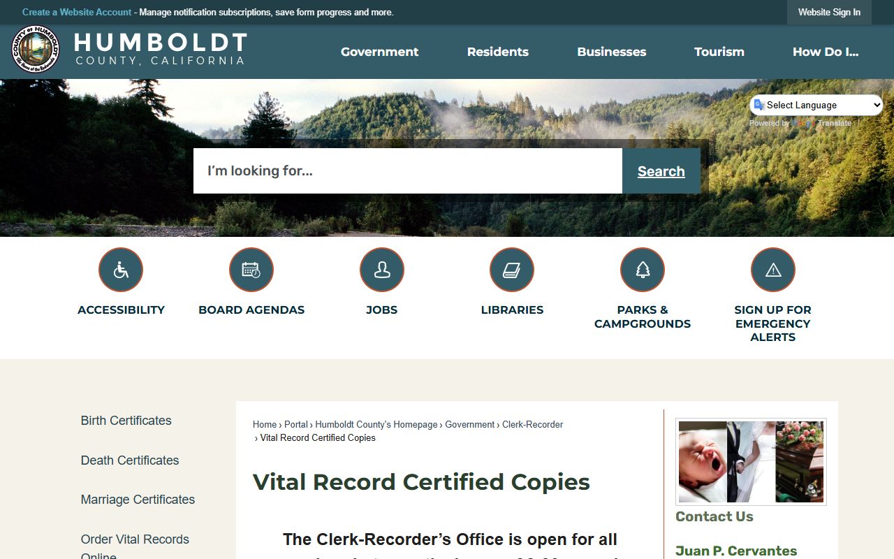Humboldt County vital records page