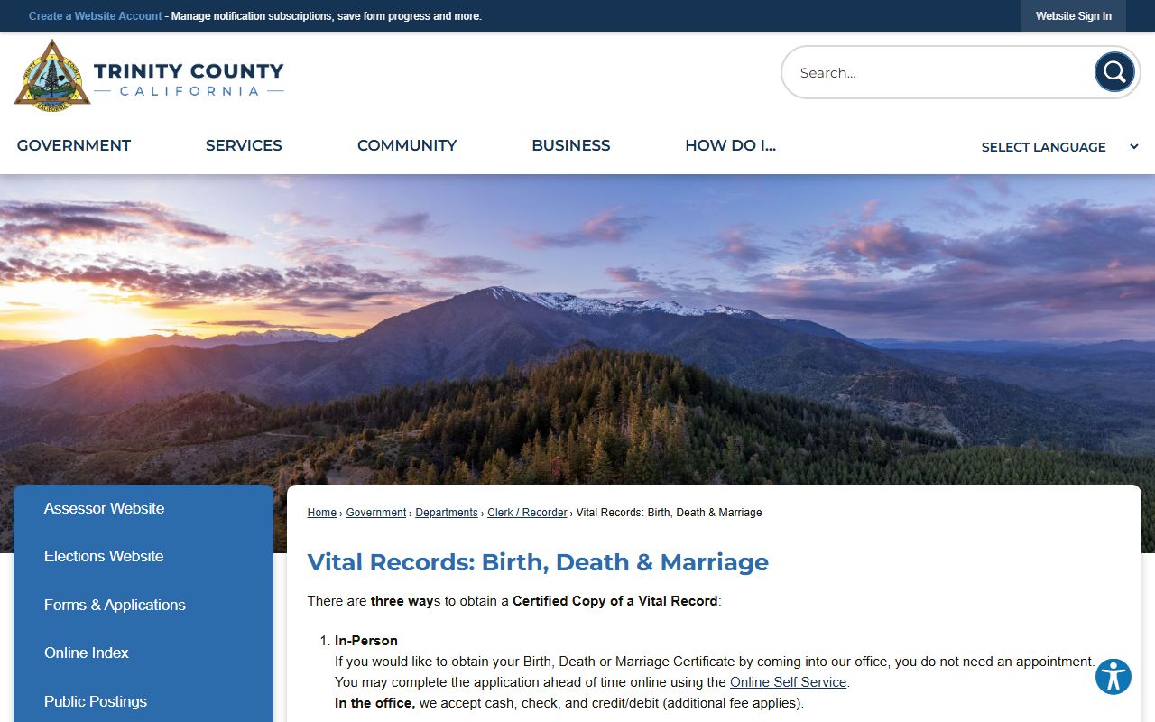 Trinity County vital records page