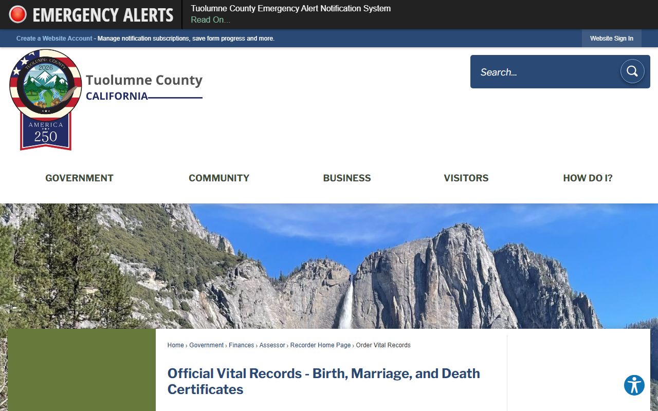 Tuolumne County order vital records page