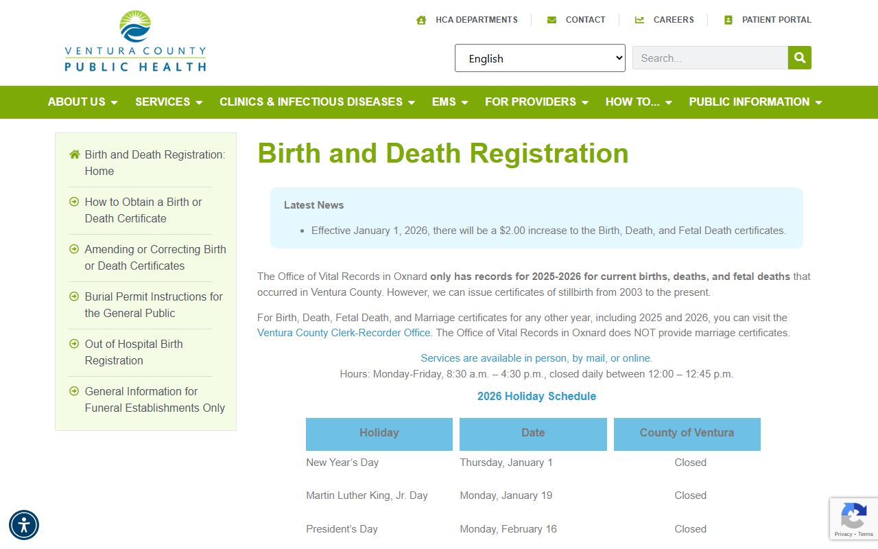 Ventura County Health Care Agency vital records page