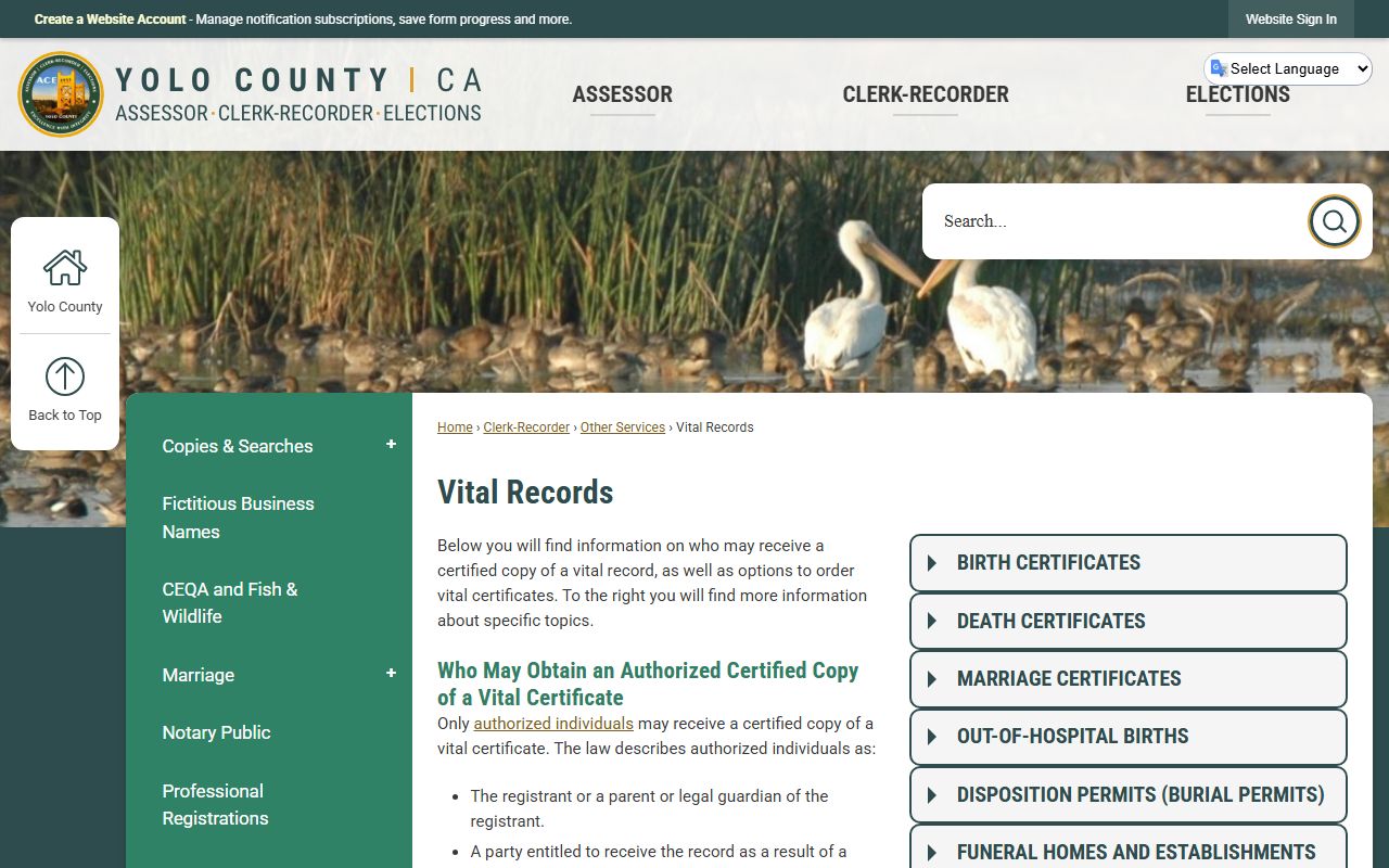 Yolo County vital records page