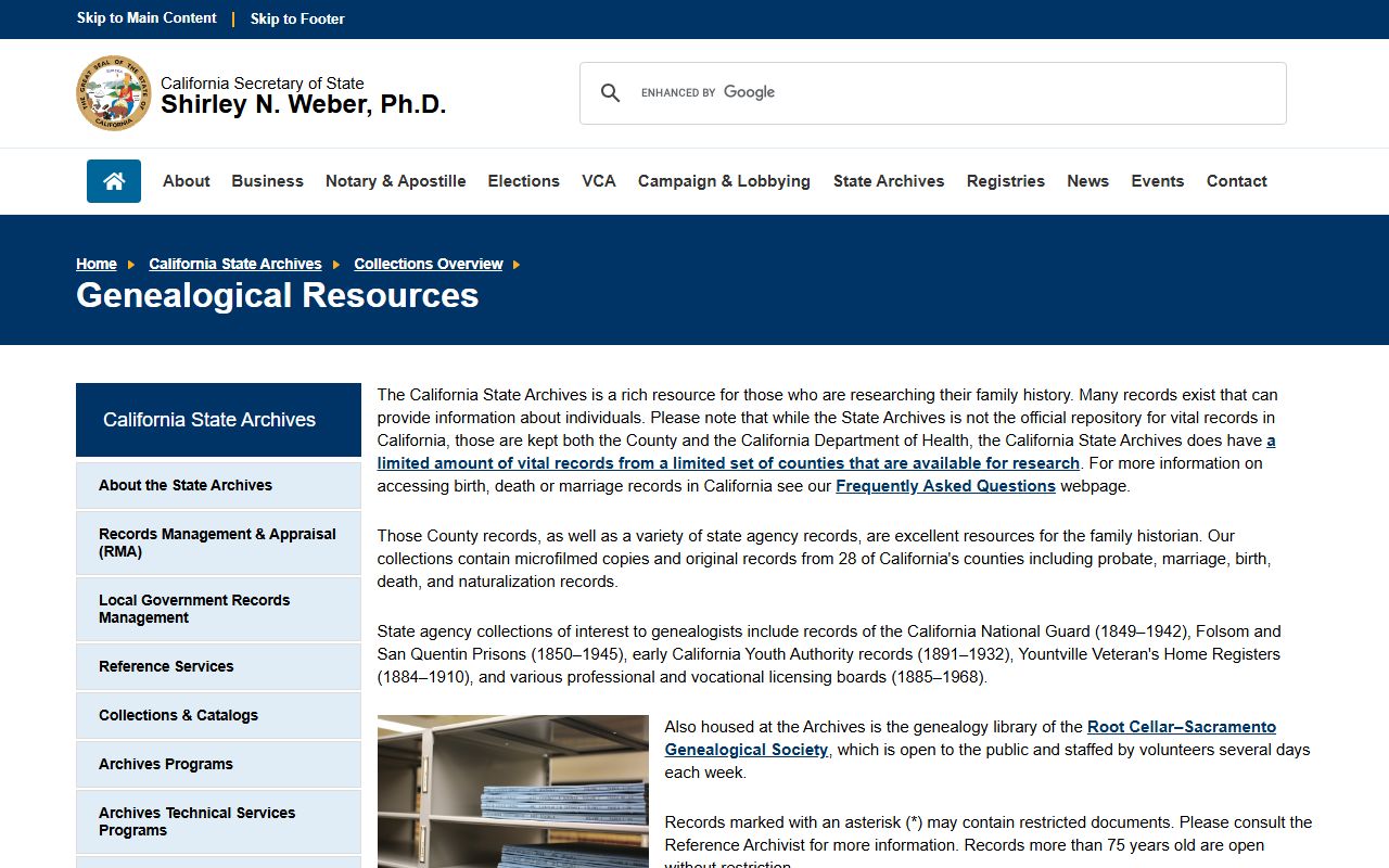 California State Archives family history resources page