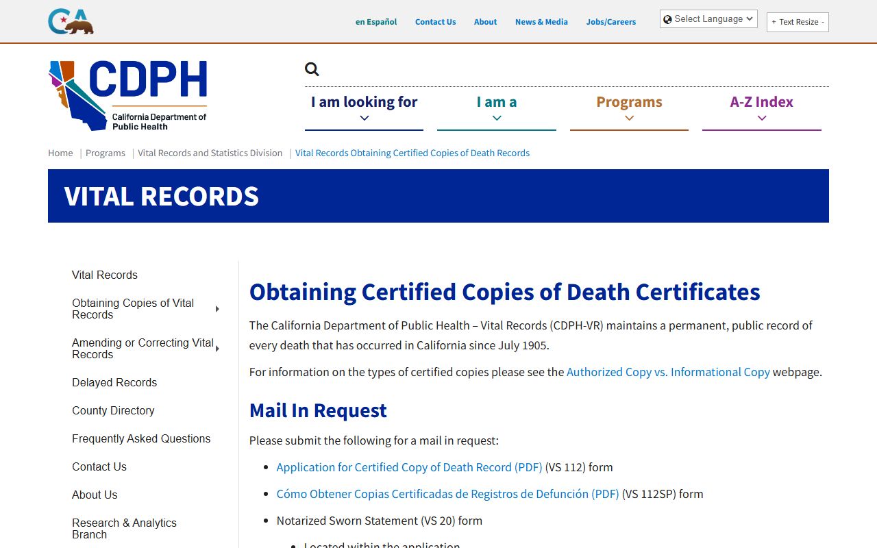 California death records request instructions page