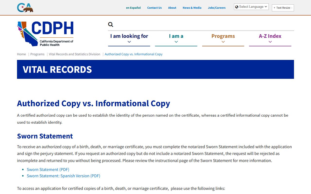 California eligibility requirements for authorized vs informational death certificates