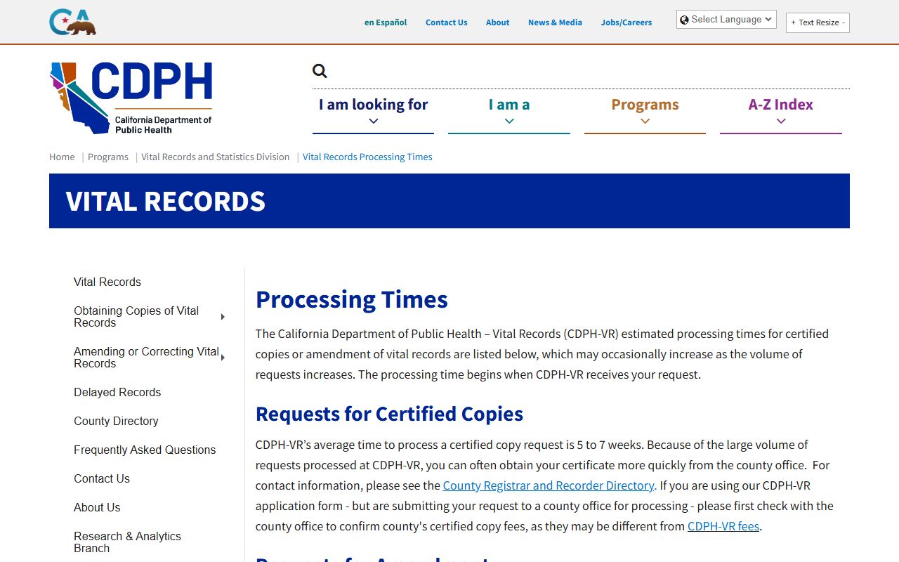 California death records processing times from state vital records office